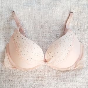 VS peach lace and rhinestone push up bra